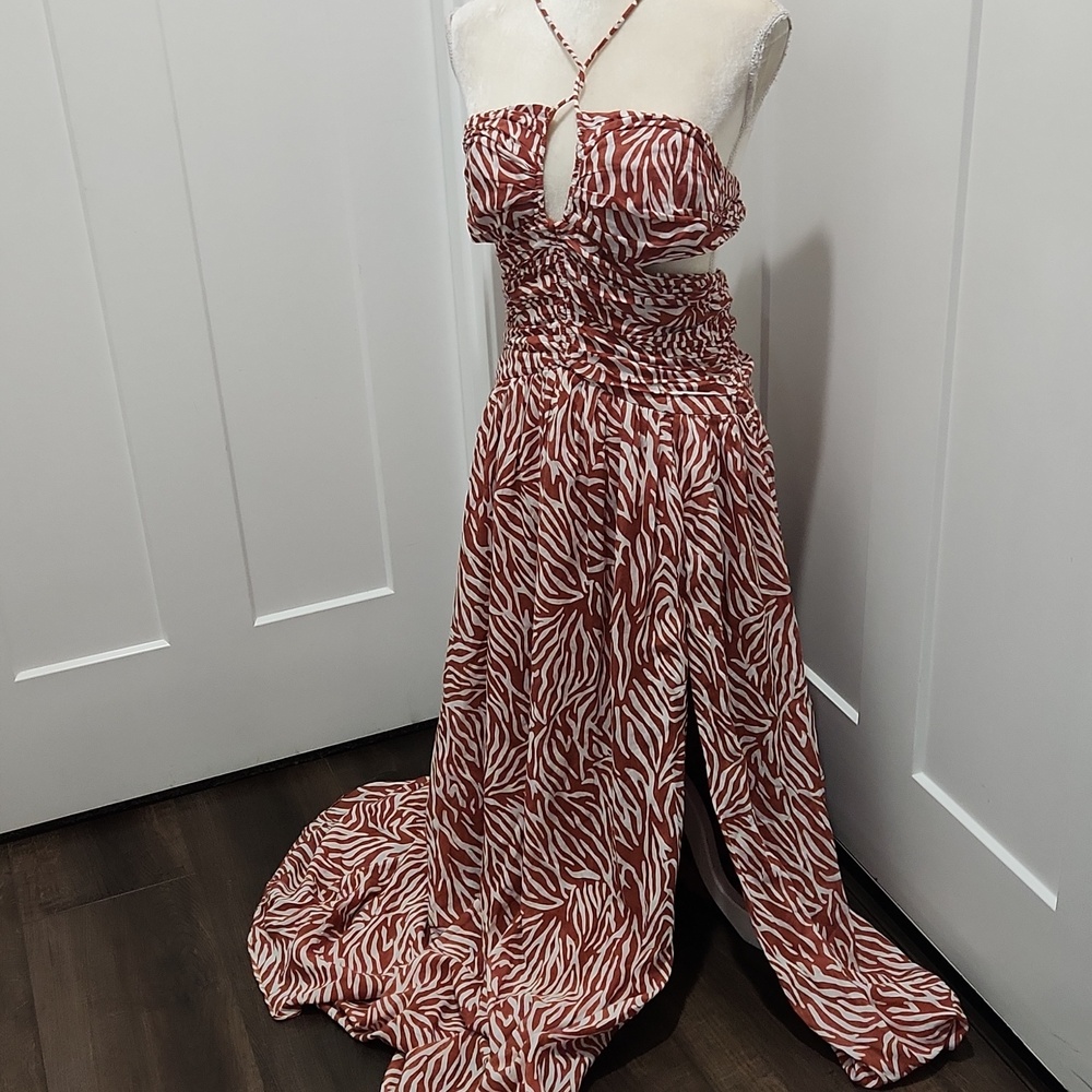 Tanya Taylor Dress Womens 6 Brown Nolan Maxi Strappy Side Slit Cotton Silk